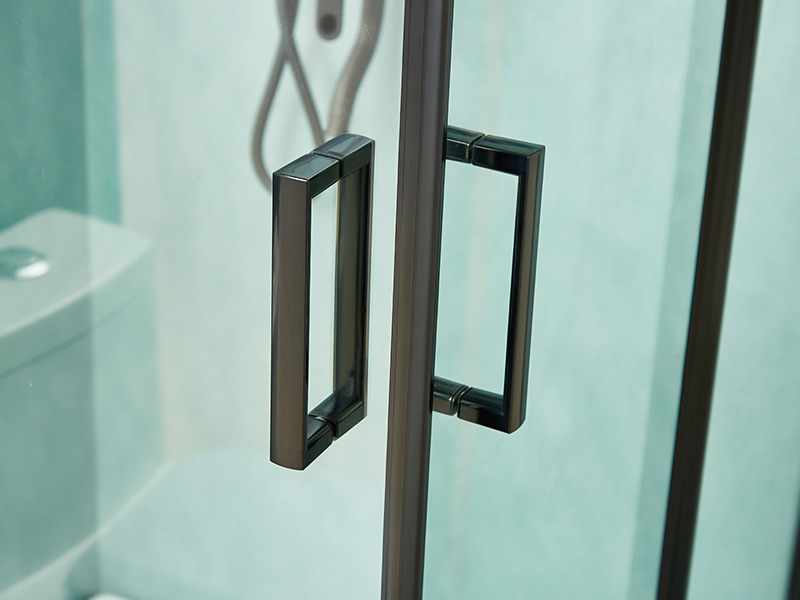 SQ glidende brusekabine, klart hærdet glas, sort aluminiumsprofil, håndtag med dobbelte huller, med bakke SQ glidende brusekabine, klart hærdet glas, sort aluminiumsprofil, håndtag med dobbelte huller, med bakke