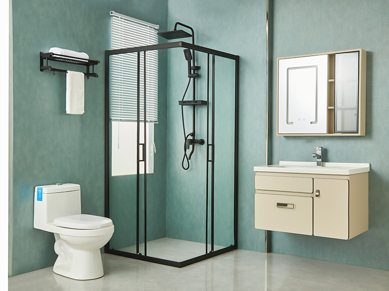 SQ glidende brusekabine, klart hærdet glas, sort aluminiumsprofil, håndtag med dobbelte huller, med bakke SQ glidende brusekabine, klart hærdet glas, sort aluminiumsprofil, håndtag med dobbelte huller, med bakke