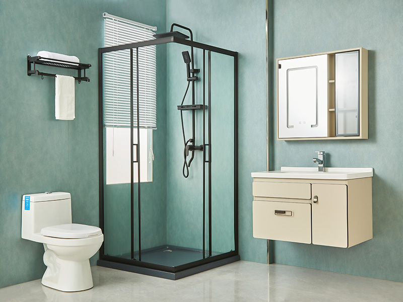 SQ glidende brusekabine, klart hærdet glas, sort aluminiumsprofil, håndtag med dobbelte huller, med bakke SQ glidende brusekabine, klart hærdet glas, sort aluminiumsprofil, håndtag med dobbelte huller, med bakke