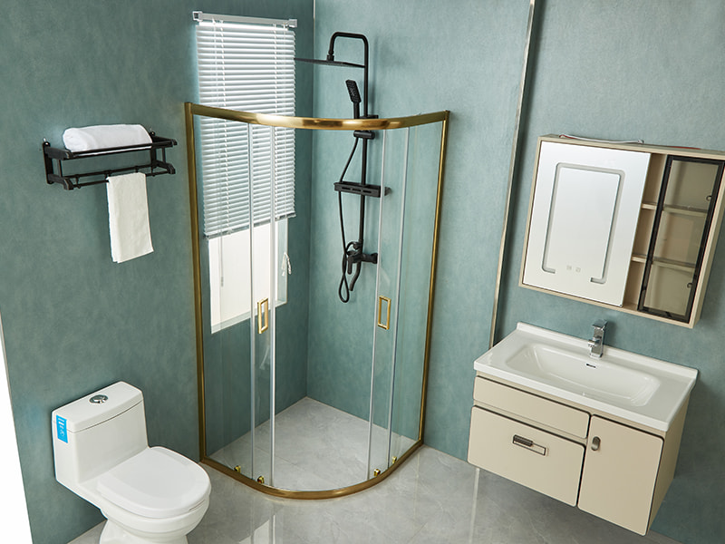 SE glidende brusekabine, klart hærdet glas, guld aluminiumsprofil, håndtag med dobbelte huller, uden bakke SE glidende brusekabine, klart hærdet glas, guld aluminiumsprofil, håndtag med dobbelte huller, uden bakke