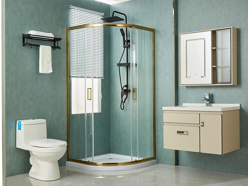 SE glidende brusekabine, klart hærdet glas, guld aluminiumsprofil, håndtag med dobbelte huller, uden bakke SE glidende brusekabine, klart hærdet glas, guld aluminiumsprofil, håndtag med dobbelte huller, uden bakke