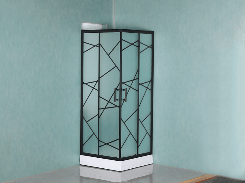SQ glidende brusekabine, mat hærdet glas med tryk, sort aluminiumsprofil, dobbelt hulhåndtag, med bakke